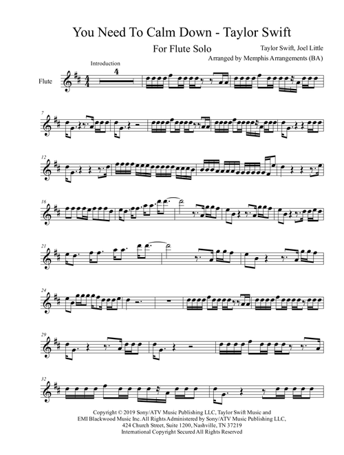 You Need To Calm Down (Arr. Memphis Arrangements (BA)) - Taylor Swift (Flute Solo)