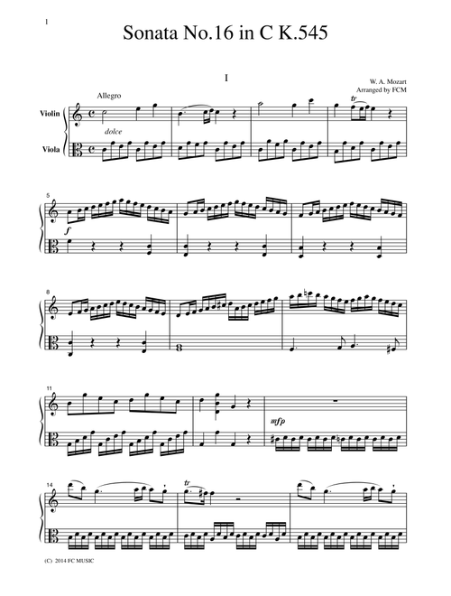Mozart Piano Sonata No.16 in C K.545 all mvts., for Violin & Viola, VN210 (Arr. FC MUSIC) (Instrumental Duet)