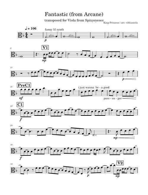Fantastic – King Princess (viola sheet music, from Arcane Season 2)