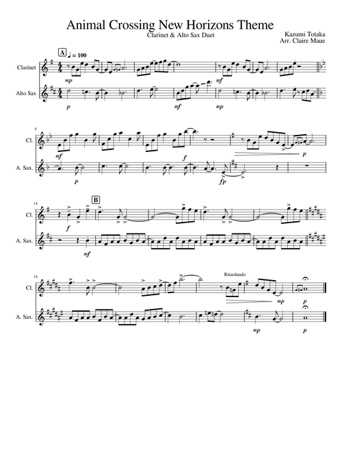 Animal Crossing: New Horizons - Main Theme - Clarinet & Alto Sax Duet