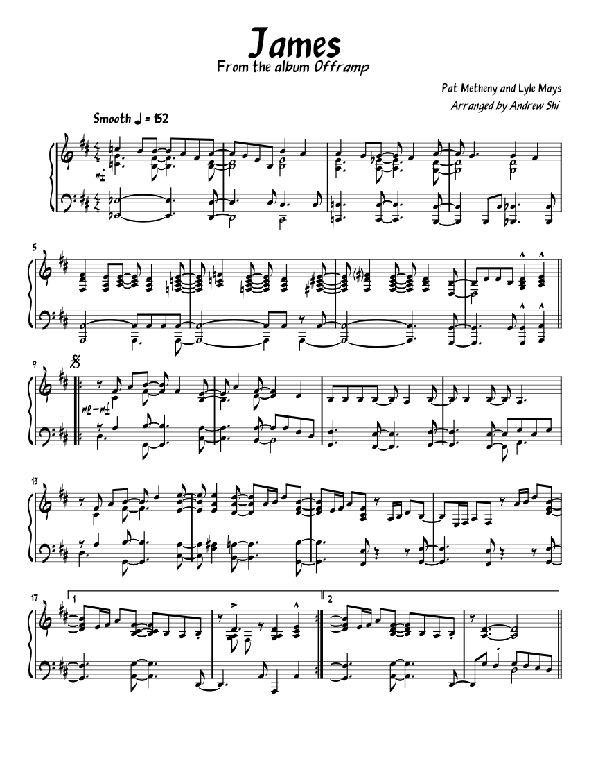 James — Pat Metheny Group Sheet Music for Piano (Solo) | MuseScore.com