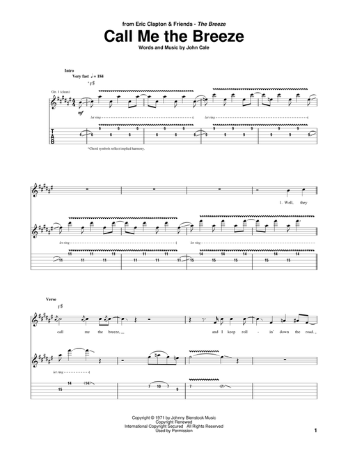 Call Me The Breeze - Eric Clapton, Lynyrd Skynyrd, JJ Cale (Guitar Tab)