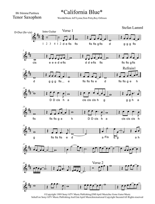 California Blue (Arr. Stefan Lamml) - Roy Orbison (Lead Sheet - Fake Book)