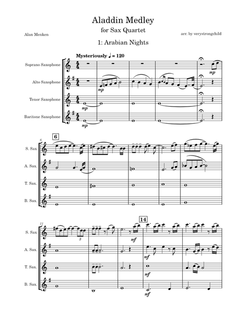 Aladdin – Misc Soundtrack Aladdin Medley for Sax Quartet