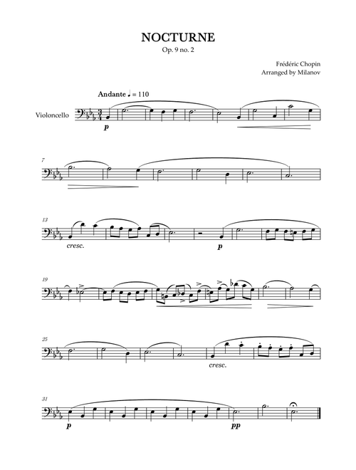 Chopin Nocturne op. 9 no. 2 | Cello | E-flat Major | Easy beginner (Arr. Milanov) - Frédéric Chopin (Cello Solo)
