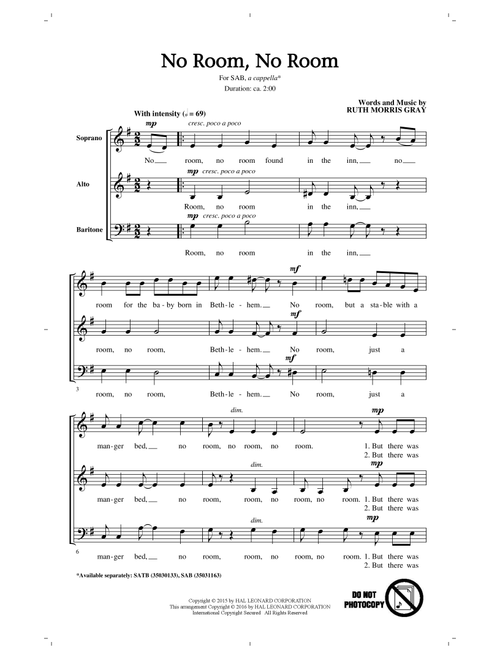 No Room, No Room - Ruth Morris Gray (Choral, SAB)
