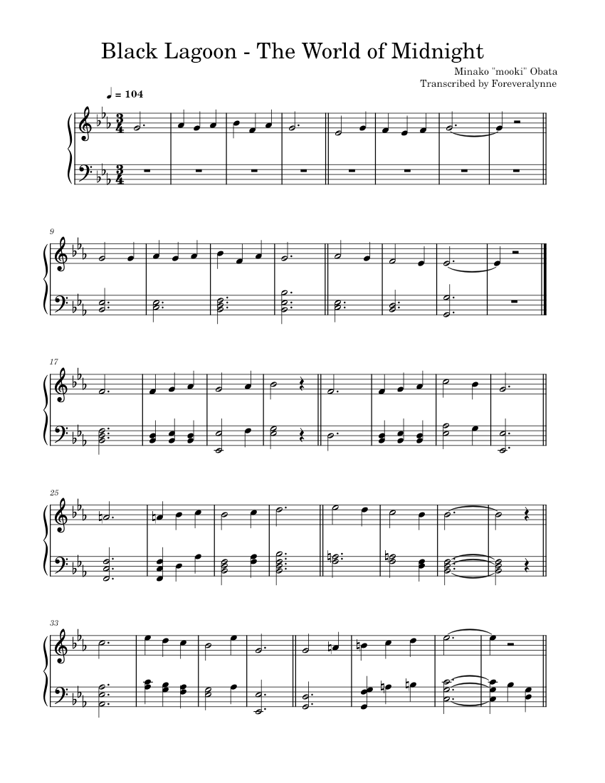 The World of Midnight – Black Lagoon Sheet Music for Piano (Solo