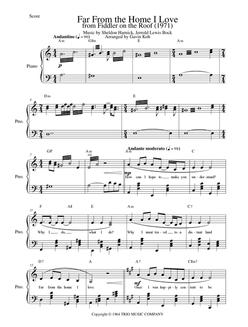 Far From The Home I Love (Arr. Gavin Koh) - Jerry Bock, Sheldon Harnick, Jerrold Lewis Bock (Piano Vocal)