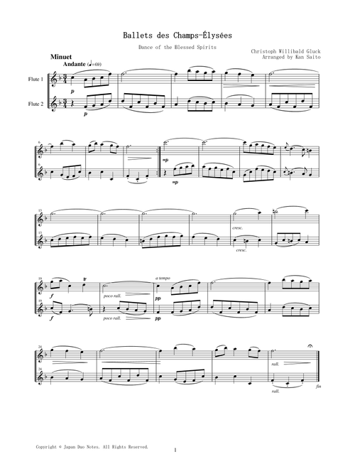 Dance of the Blessed Spirits / Christoph Willibald Gluck (Arr. Kan Saito / Japan Duo Notes) (Flute Duet)