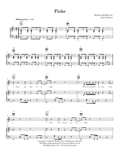 Flake - Jack Johnson (Piano-Vocal-Guitar)