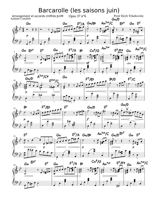 Tchaikovsky Les saisons juin (partie intermédiaire légèrement simplifiée) avec accords chiffrés