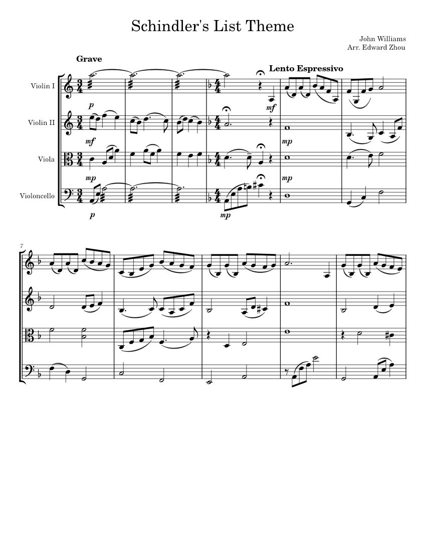 Schindler's List Theme John Williams Sheet Music for Violin, Viola