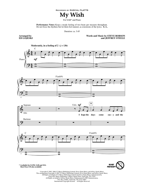 My Wish (arr. Ed Lojeski) - Rascal Flatts (Choral, SAB)