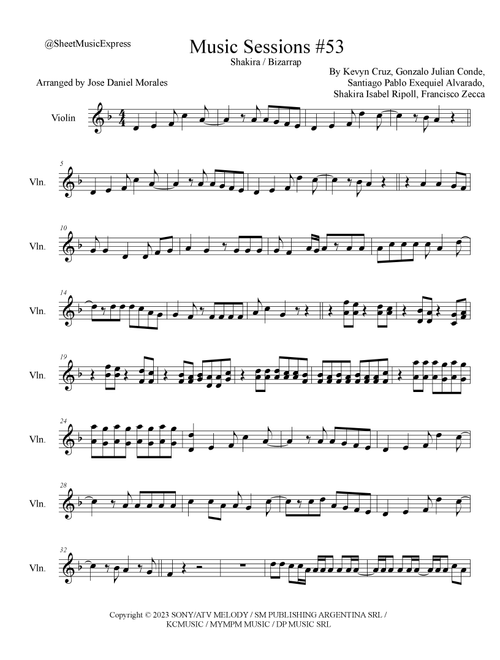 Shakira: Bzrp Music Sessions Vol. 53 (Arr. Sheet Music Express) - Shakira / Bizarrap (Violin Solo)