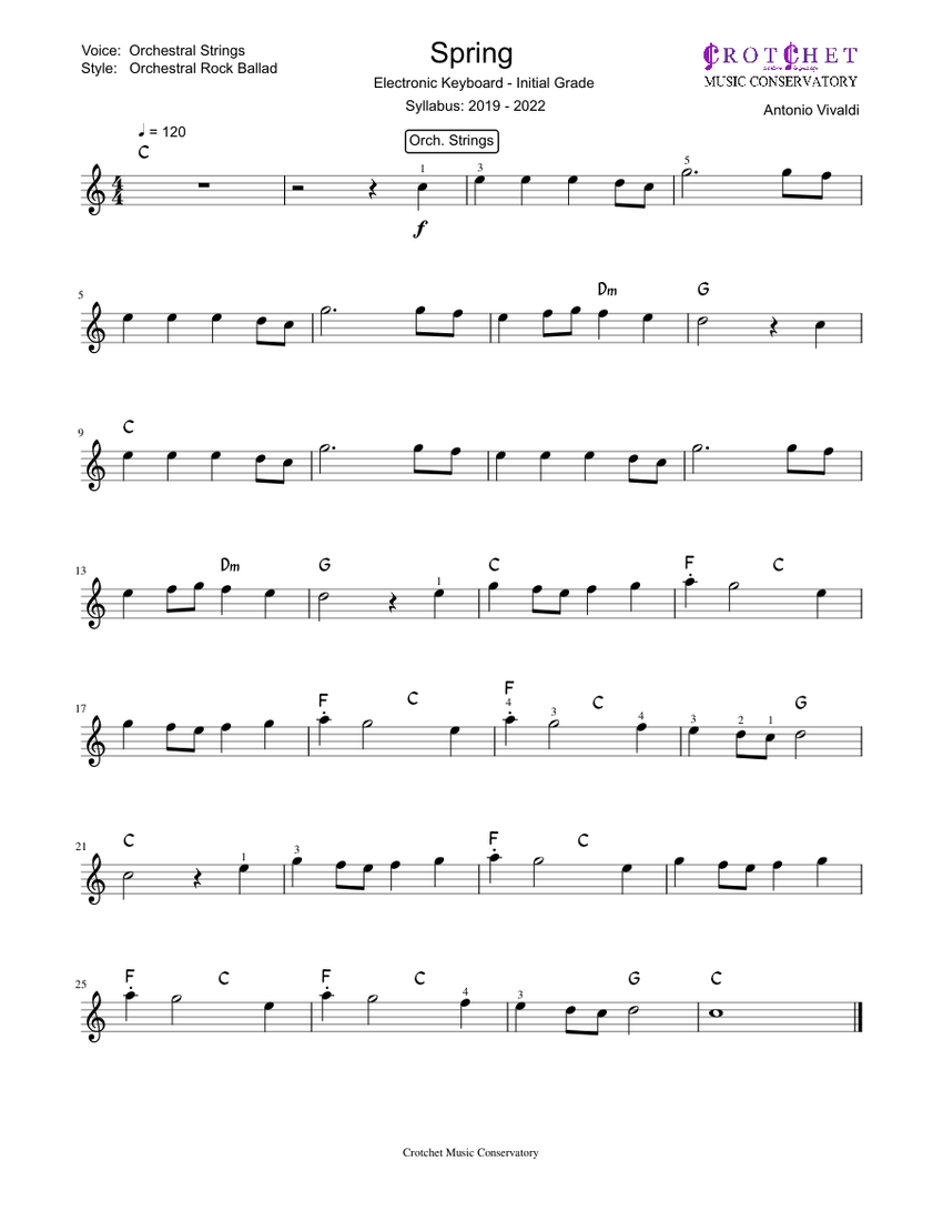 Spring from the Four Seasons Sheet Music with Chords for Piano (Solo ...