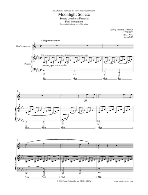 Moonlight Sonata - 1st movement - Alto Sax (Arr. Anne Christopherson GRSM ARCM) - Beethoven, Ludwig van (Alto Sax and Piano)