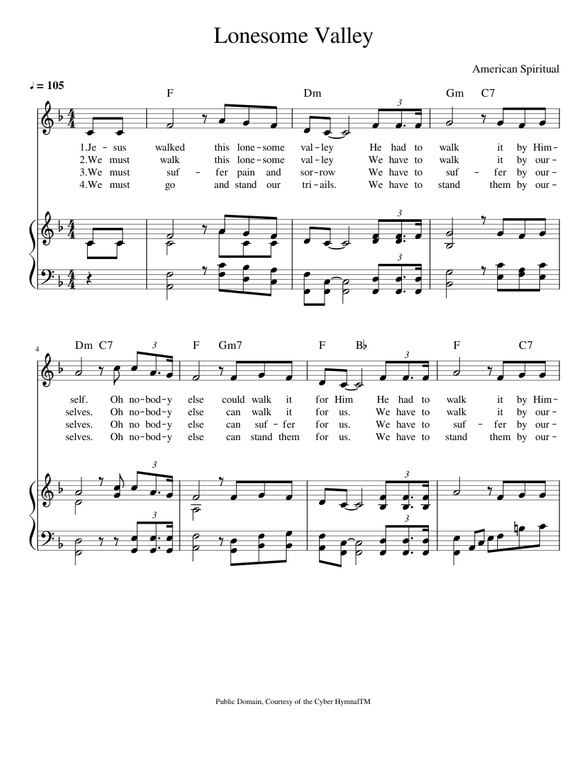 Lonesome Valley Sheet Music with Chords for Piano, Vocals (Piano-Voice ...