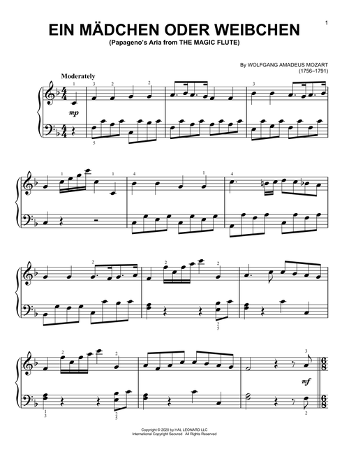 Ein Madchen Oder Weibchen - Wolfgang Amadeus Mozart (Very Easy Piano)