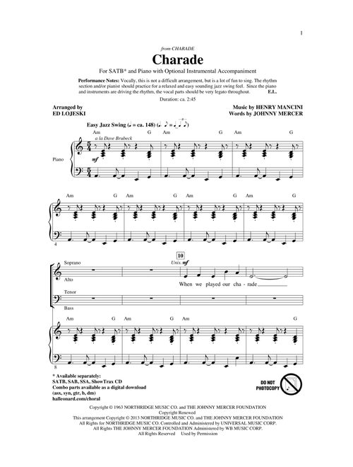 Charade (Arr. Ed Lojeski) - Sammy Kaye, Andy Williams, Henry Mancini (Choral, SATB)