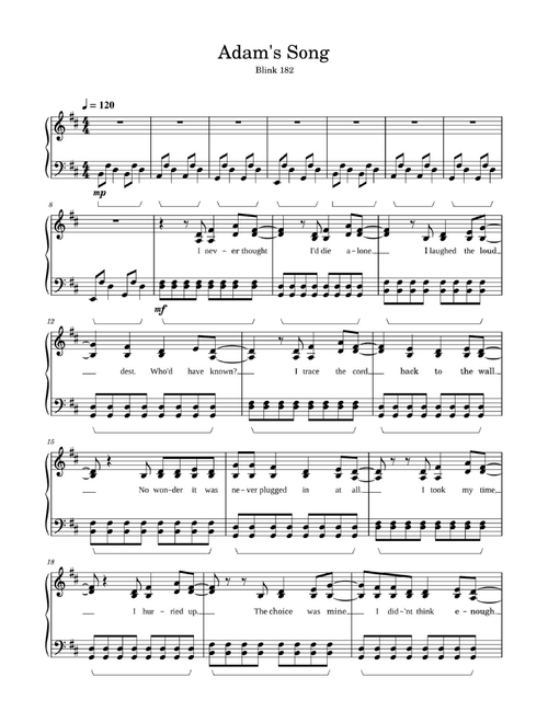 Adam's Song (Arr. Unknown) - Blink 182 (Easy Piano)