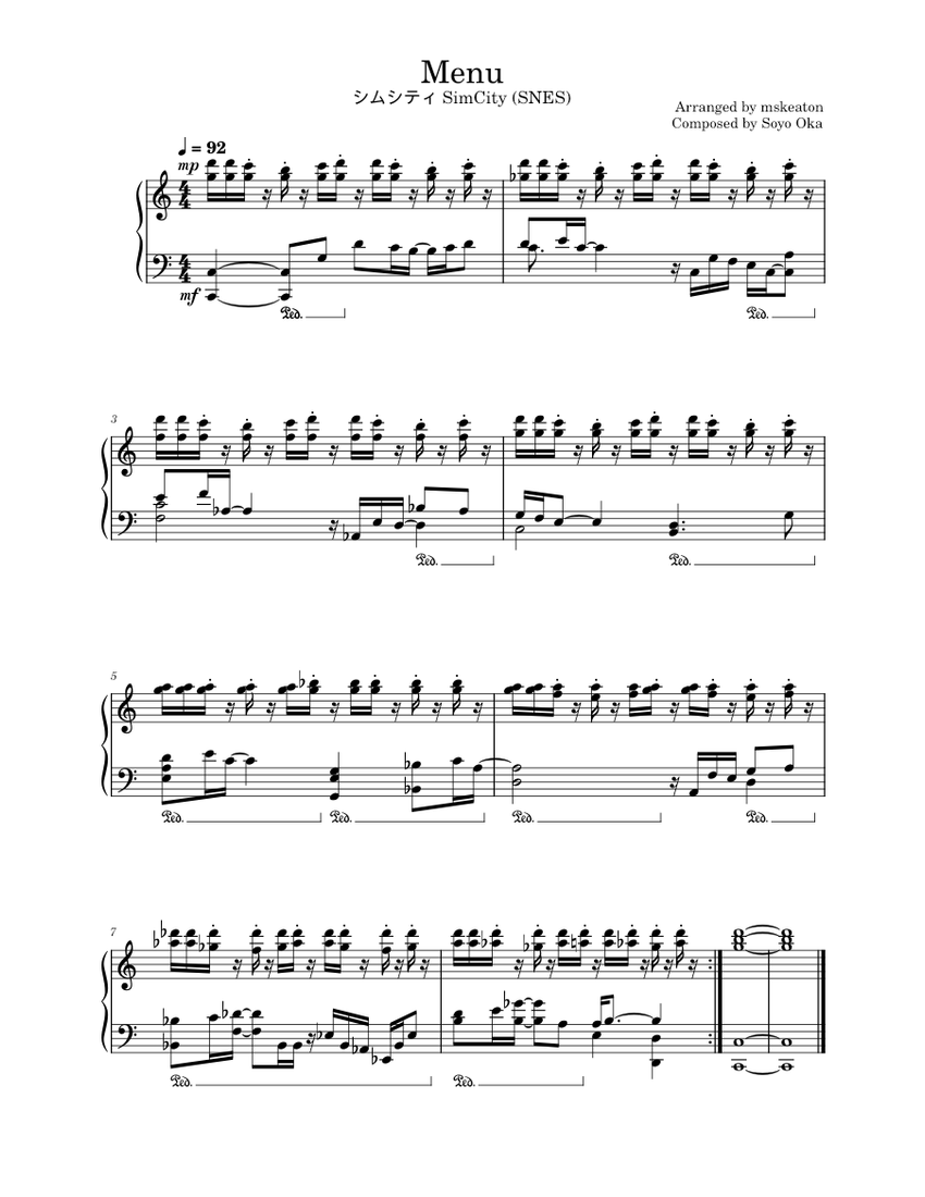Menu - シムシティ SimCity (SNES) – Soyo Oka Sheet Music for Piano