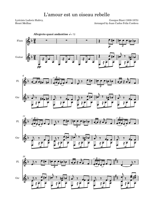 L'amour est un oiseau rebelle (Habanera) for Flute and guitar (Arr. Juan Carlos Felix Cordova) - Georges Bizet (Instrumental Duet)
