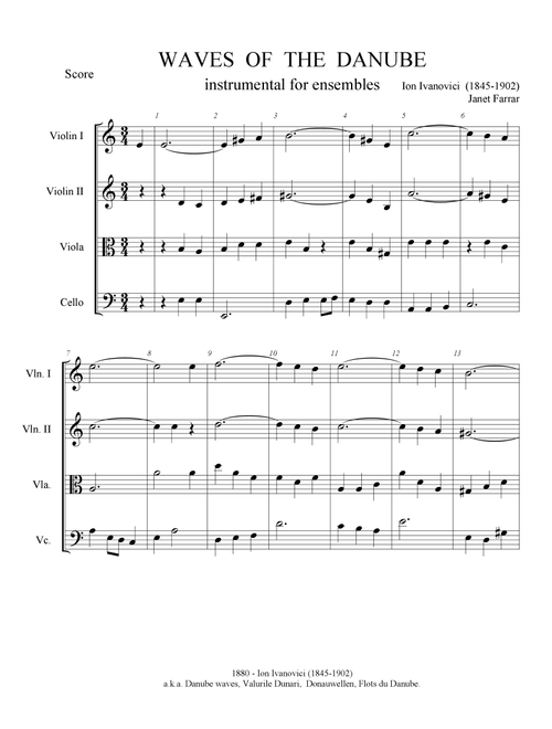Waves of the Danube arranged for level 3 players. four part string ensemble (Arr. Janet Farrar) - Ion Ivanovici (String Quartet)