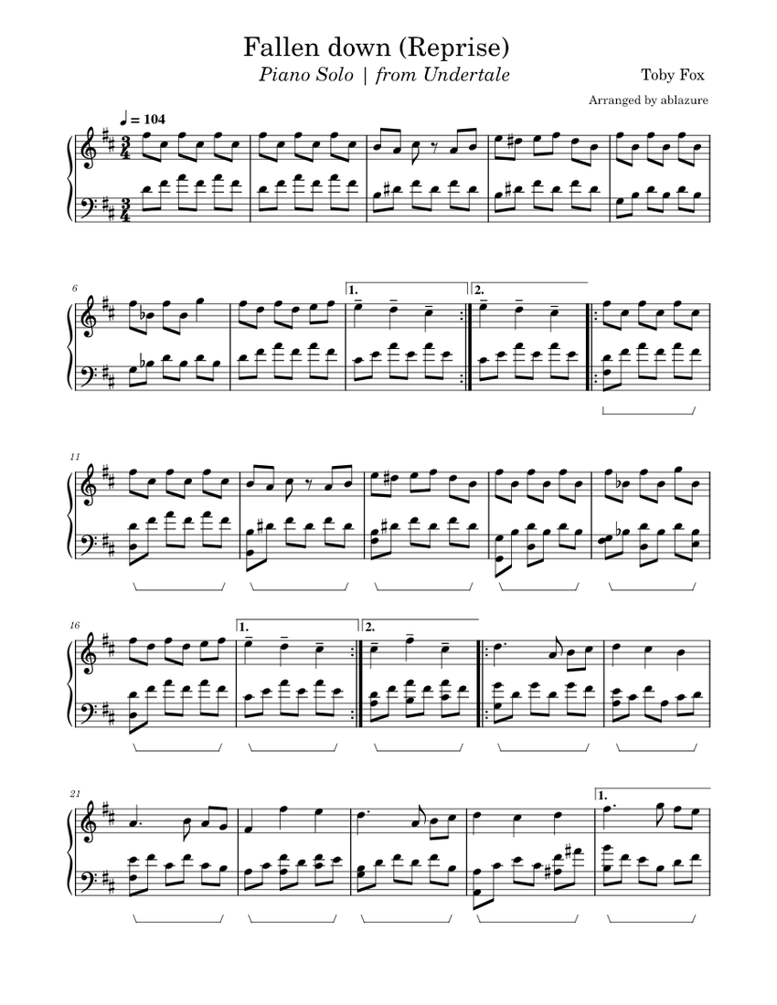 Fallen Down (Reprise) – Toby Fox - Undertale OST (Piano) Sheet music ...