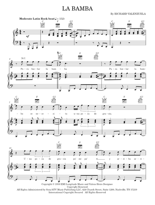 La Bamba - Los Lobos, Ritchie Valens (Piano-Vocal-Guitar)