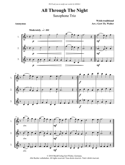 All Through The Night (Arr. Gert Th. Walter) - Welsh Traditional (Woodwind Ensemble)