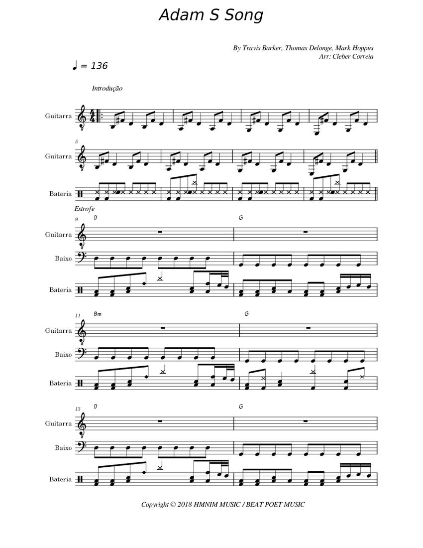 Adam's Song - blink-182 (piano) Sheet music for Guitar, Bass