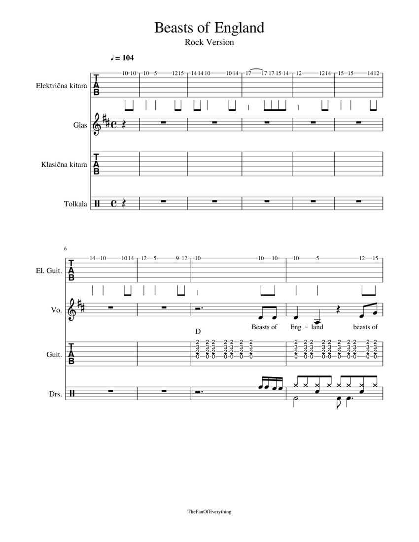 Beasts of England Sheet music for Vocals, Guitar, Drum group (Mixed  Quartet) 