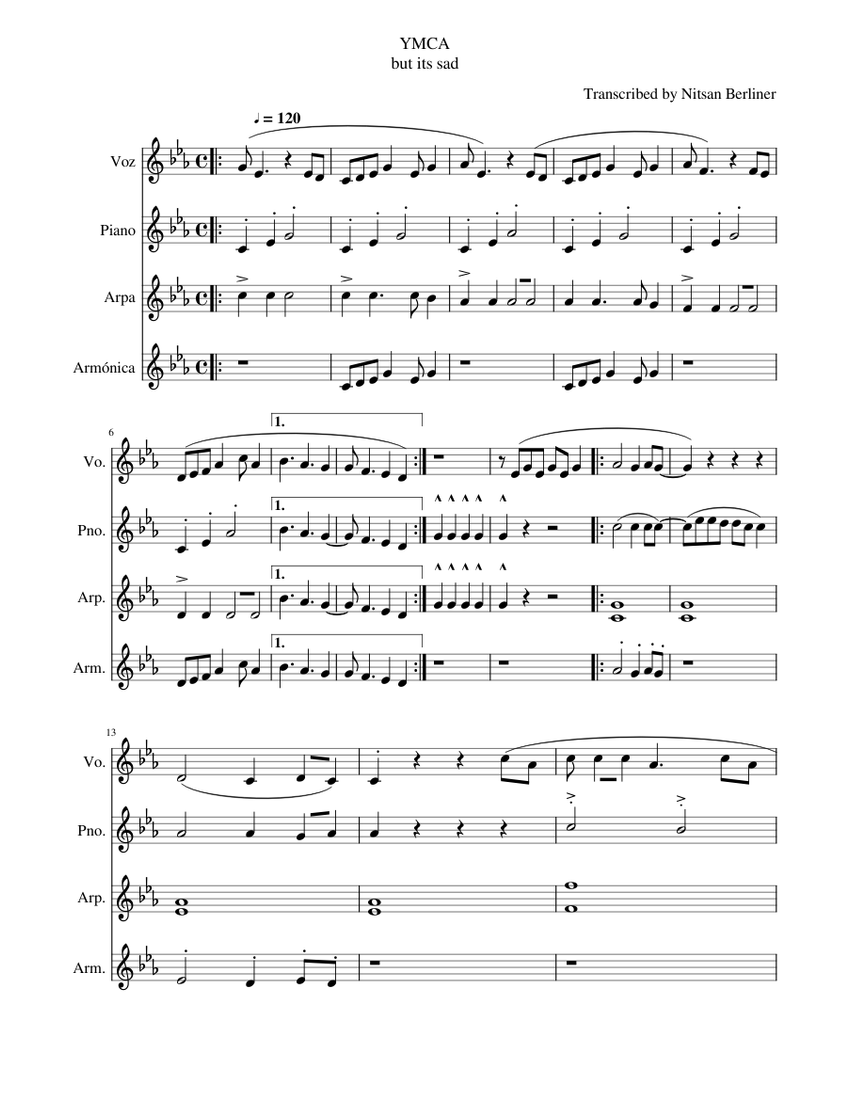 Ymca Minor Sheet Music For Piano Vocals Harp Harmonica Mixed