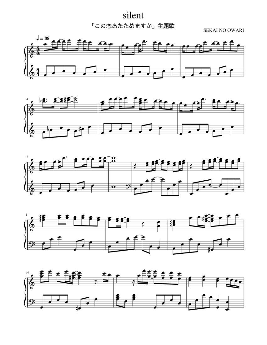 Silent – SEKAI NO OWARI silent Sheet Music for Piano (Solo