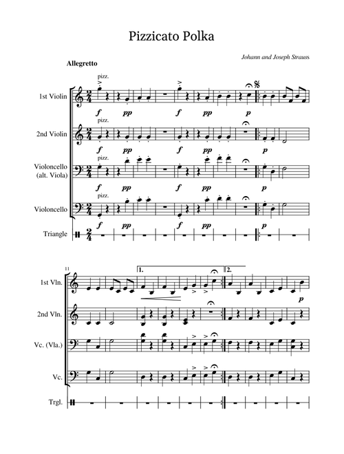 Pizzicato Polka of J. Strauss for String Quartet (2 violins & 2 cellos)
