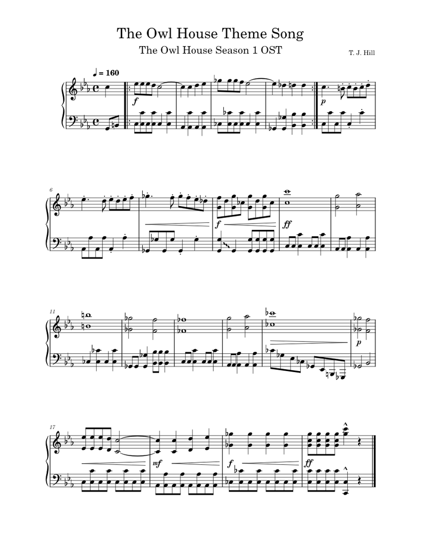 The Owl House Theme – TJ Hill | The Owl House Sheet Music for Piano ...