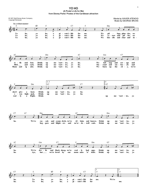 Yo Ho (A Pirate's Life For Me) - George Bruns, Xavier Atencio (Lead Sheet - Fake Book)
