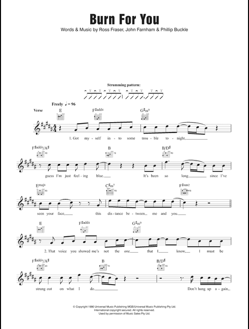 Burn For You - John Farnham (Lead Sheet - Fake Book)