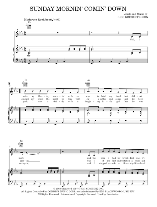 Sunday Mornin' Comin' Down - Johnny Cash, Kris Kristofferson (Piano-Vocal-Guitar)
