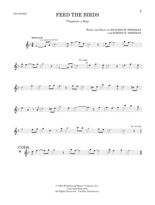 Feed The Birds (Tuppence A Bag) (from Mary Poppins) - Robert B Sherman, Richard M Sherman (Recorder Solo)