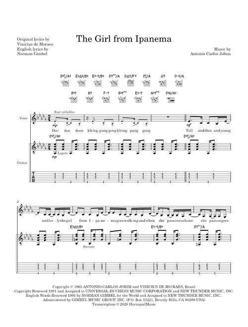 The Girl from Ipanema Guitar TAB and Vocal in Db (Original Key) - Antônio Carlos Jobim