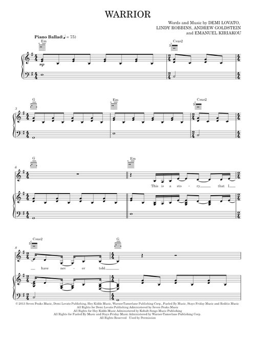Warrior - Demi Lovato (Piano-Vocal-Guitar)
