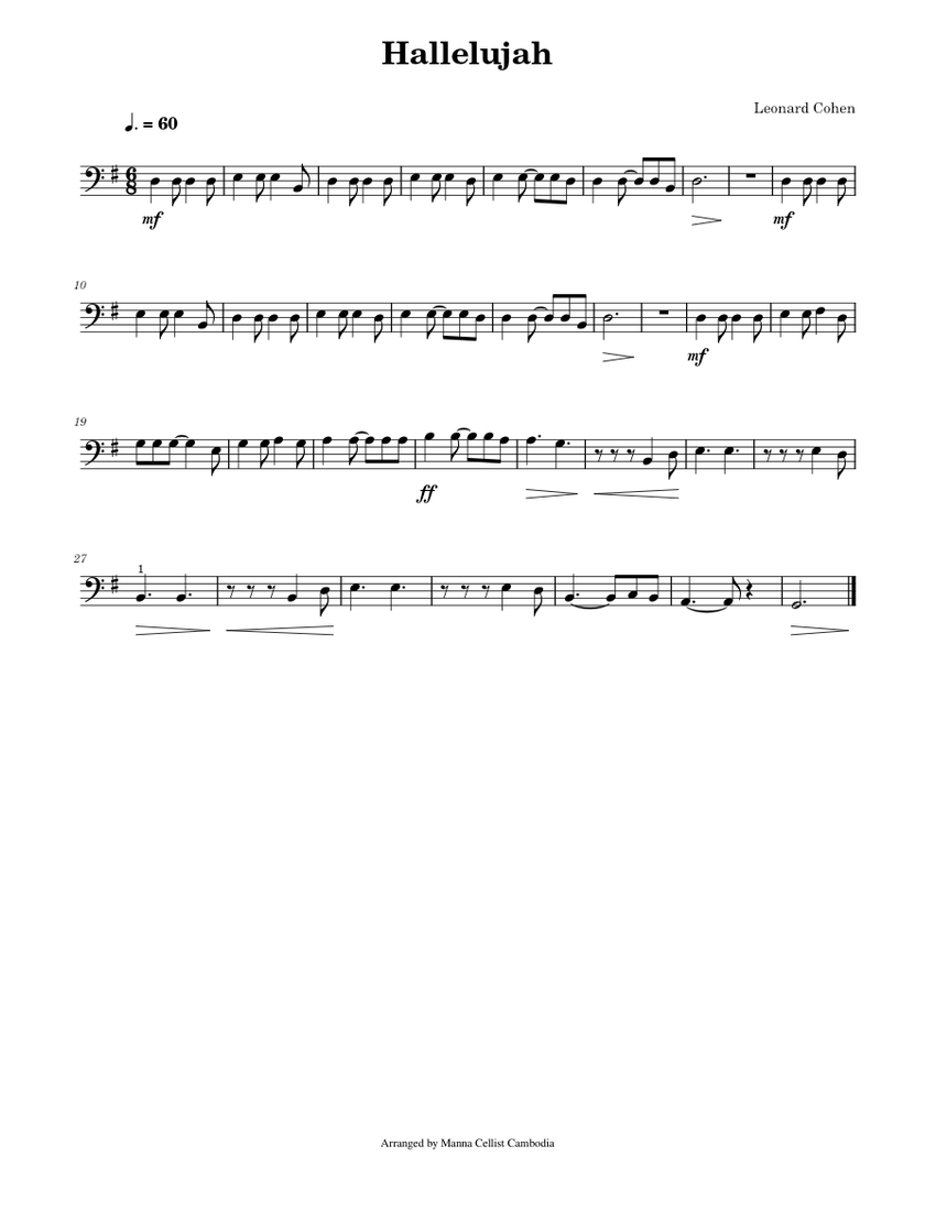 Hallelujah Leonard Cohen Hallelujah G Major l Cello Sheet Music