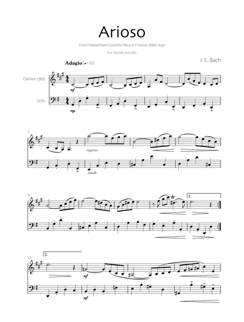 Arioso - Bach (Clarinet and Cello) (Arr. Robin Hood Editions) - J. S. Bach (Instrumental Duet)
