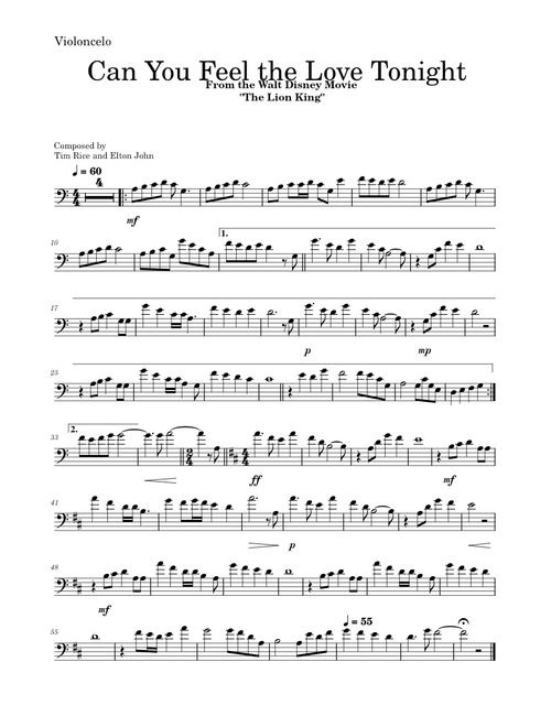 Can you feel the love tonight – Elton John Can You Feel the Love Tonight - Violoncelo (Cello)