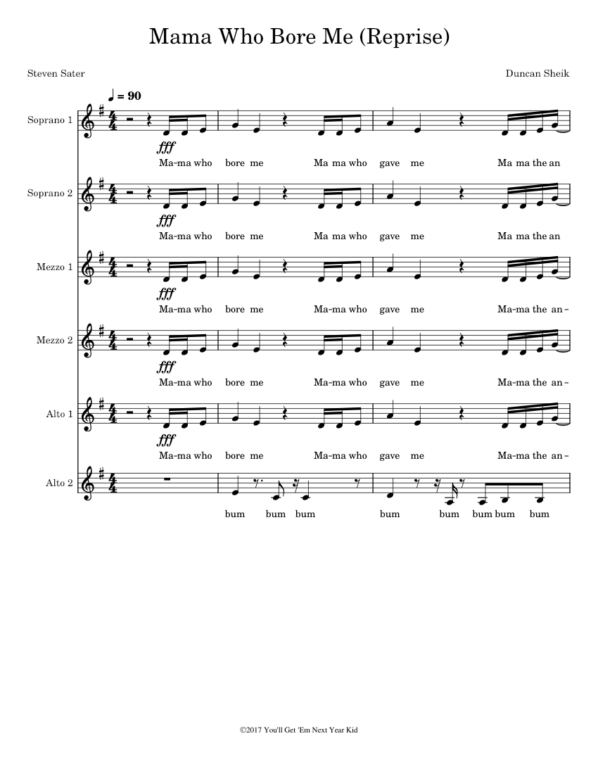 Mama Who Bore Me Reprise Sheet music for Piano (A Capella)