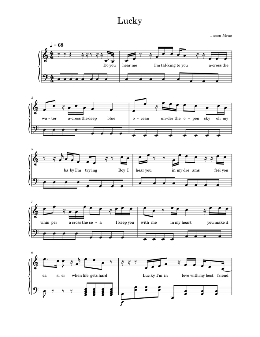 Lucky Jason Mraz (with Lyrics) Sheet music for Piano (Solo