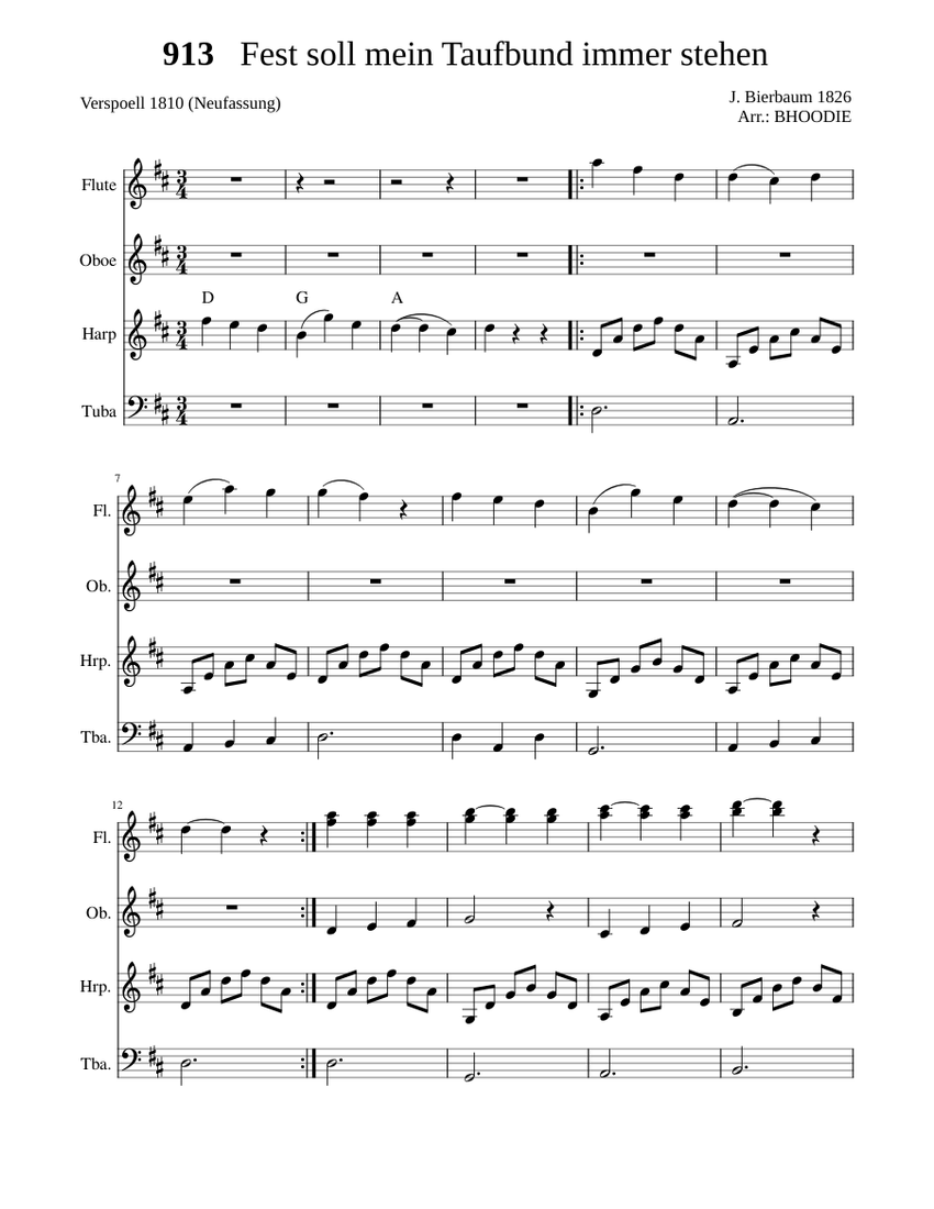 913 Fest soll mein Taufbund immer stehen Sheet music for Tuba, Flute, Oboe, Harp (Mixed Ensemble 913 Fest soll mein Taufbund immer stehen Sheet music for Tuba, Flute, Oboe, Harp (Mixed Ensemble