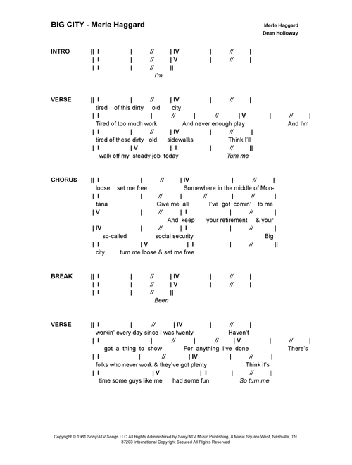 Big City (Arr. Bronson Ferdinand Wright) - Merle Haggard (Lead Sheet - Fake Book)