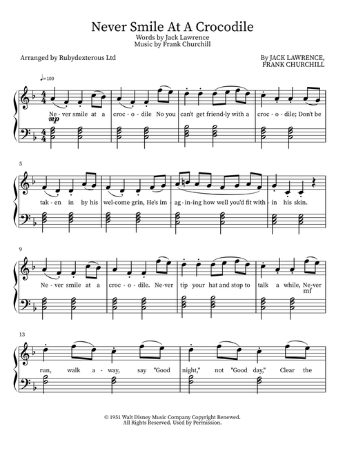 Never Smile At A Crocodile (Arr. Rubydexterous Ltd) - Frank Churchill (Piano Solo)